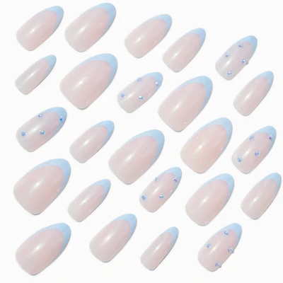 Blue Chrome French Tip Bling Stiletto Vegan Faux Nail Set - 24 Pack