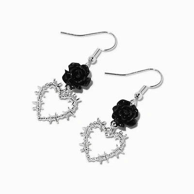 Black Rose Barbed Wire Heart 1" Drop Earrings 