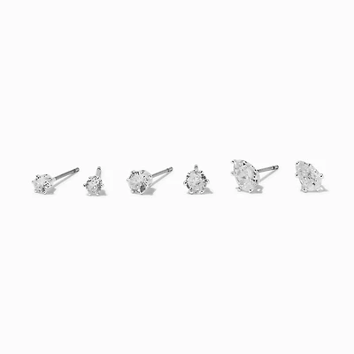 Silver-tone Cubic Zirconia Round & Teardrop Stud Earrings - 3 Pack 