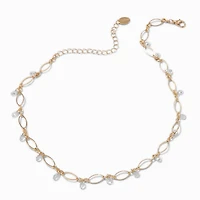 Gold-tone Cubic Zirconia Delicate Oval Dangle Choker Necklace