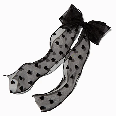 Black Sheer Heart Long Tail Hair Bow Clip
