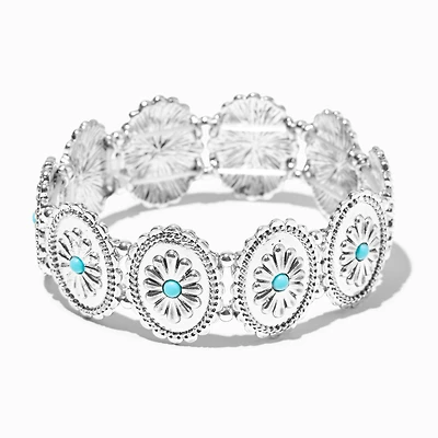 Silver-tone Round Filigree Turquoise Flower Medallion Cowgirl Stretch Bracelet