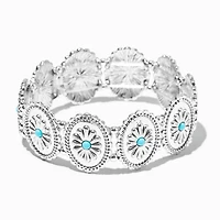 Silver-tone Round Filigree Turquoise Flower Medallion Cowgirl Stretch Bracelet