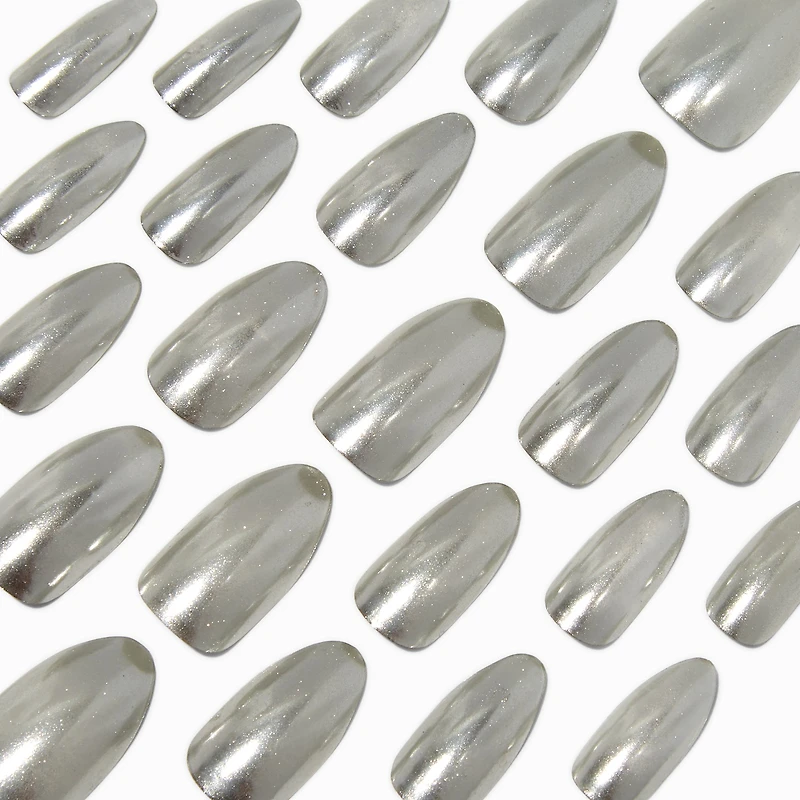 Silver Glazed Stiletto Vegan Faux Nail Set - 24 Pack