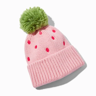Pink Strawberry Knit Beanie Hat