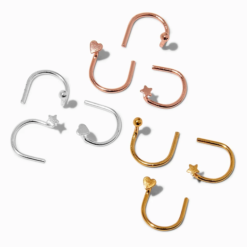 22G Mixed Metal Sterling Silver Star, Hearts, & Balls U-Shaped Nose Studs - 9 Pack 