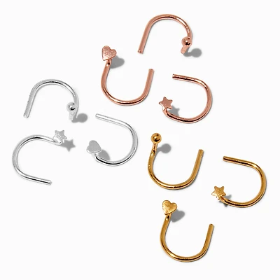 22G Mixed Metal Sterling Silver Star, Hearts, & Balls U-Shaped Nose Studs - 9 Pack 