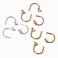 22G Mixed Metal Sterling Silver Star, Hearts, & Balls U-Shaped Nose Studs - 9 Pack 