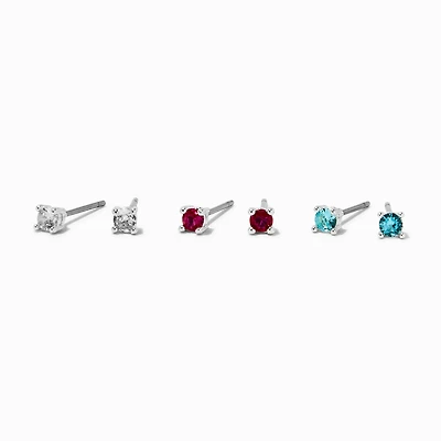 Silver-tone Cubic Zirconia 3mm Clear, Fuchsia, & Aqua Stud Earrings - 3 Pack