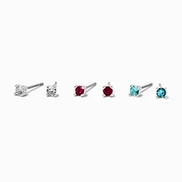 Silver-tone Cubic Zirconia 3mm Clear, Fuchsia, & Aqua Stud Earrings - 3 Pack