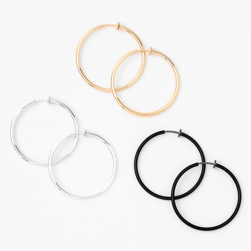 Mixed Metal 40mm Clip-On Hoop Earrings - 3 Pack