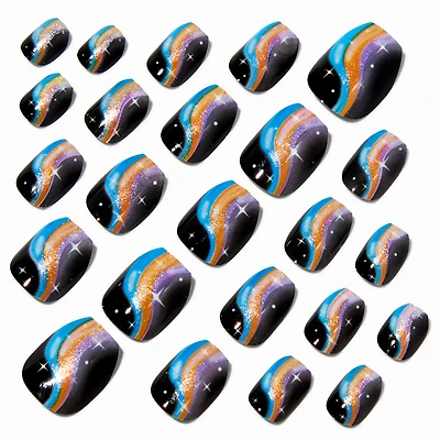 Multicolored Squiggle Black Coffin Vegan Press On Faux Nail Set - 24 Pack