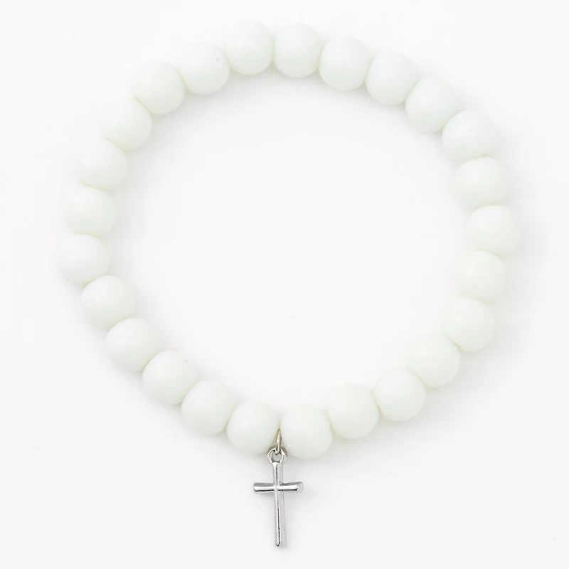 Silver-tone Cross White Beaded Stretch Bracelet