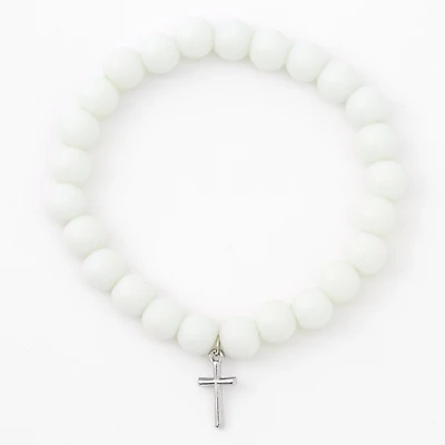 Silver-tone Cross White Beaded Stretch Bracelet