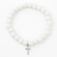 Silver-tone Cross White Beaded Stretch Bracelet