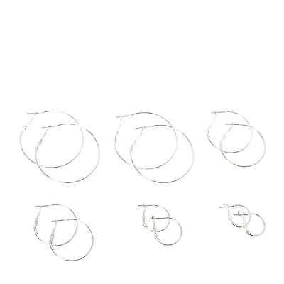Silver-tone Thin Graduated Hoop Earrings - 6 Pack
