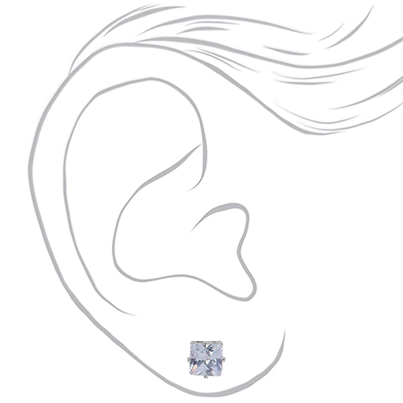 Silver-tone Cubic Zirconia 5mm, 6mm, & 7mm Square Stud Earrings - 3 Pack 