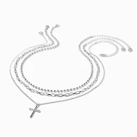 Silver-tone Paperclip & Ball Chain Cross Necklaces - 3 Pack
