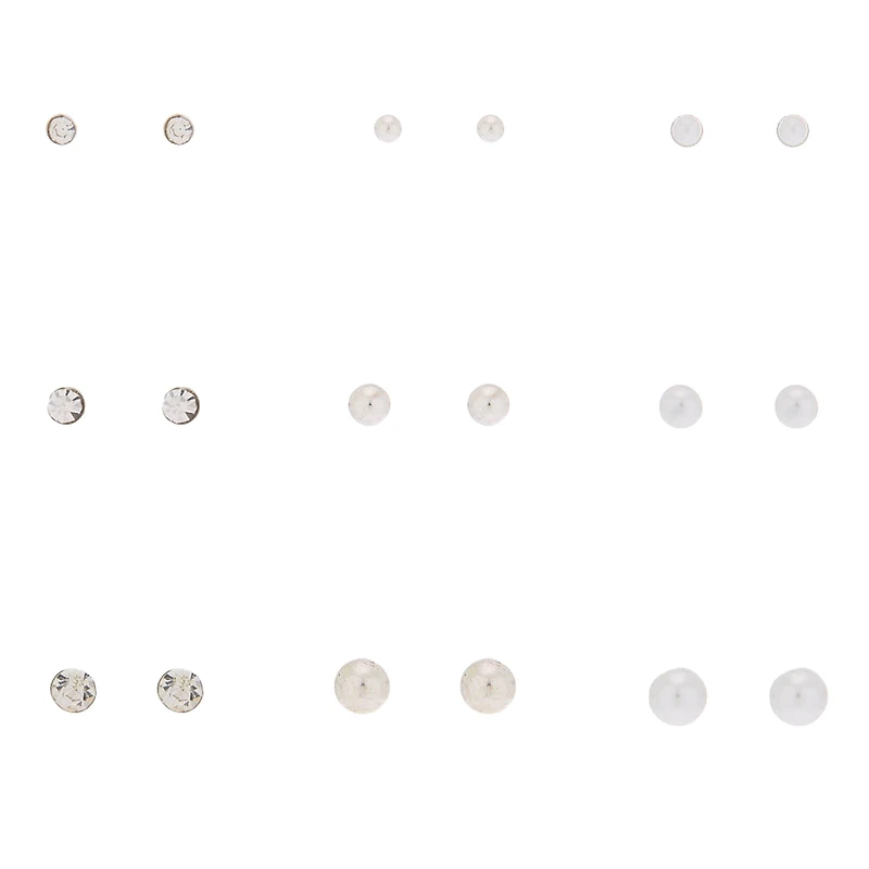 Silver-tone Graduated Crystal Pearl Stud Earrings - 9 Pack