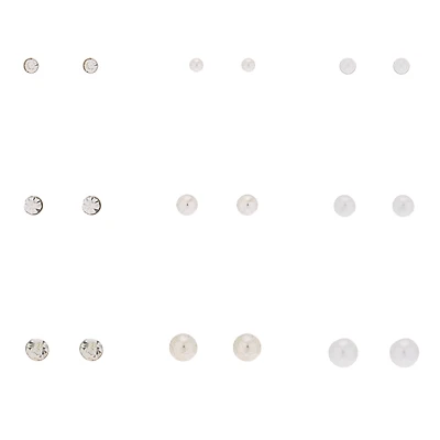 Silver-tone Graduated Crystal Pearl Stud Earrings - 9 Pack