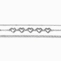 Silver-tone Crystal Heart Bracelet Set - 3 Pack 