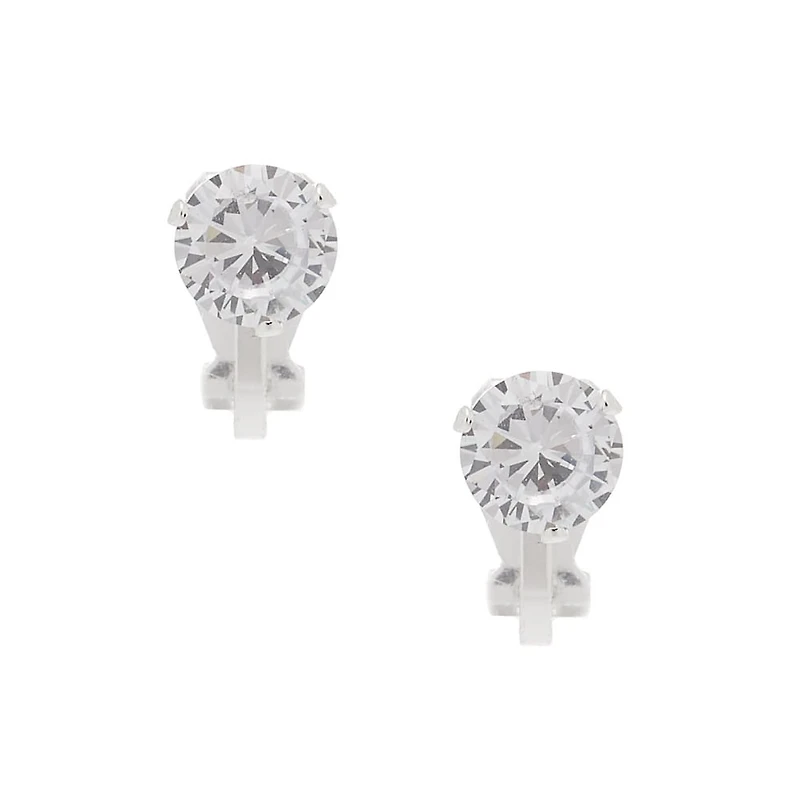 Silver-tone Cubic Zirconia Round 7mm Clip-On Earrings