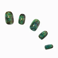 Green & Gold Marble Medium Oval Vegan Faux Nail Set - 24 Pack