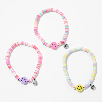 Best Friends Beaded Happy Face Charm Stretch Bracelets - 3 Pack