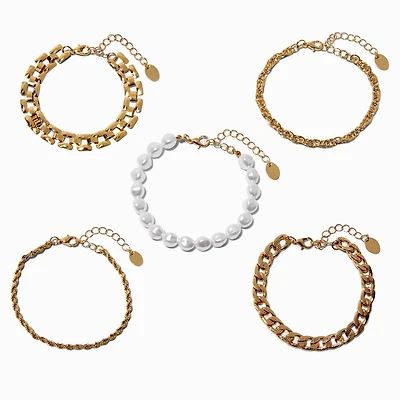 Gold-tone Mixed Chain Bracelet Set - 5 Pack