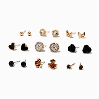 Black Heart & Clock Mixed Stud Earrings - 9 Pack