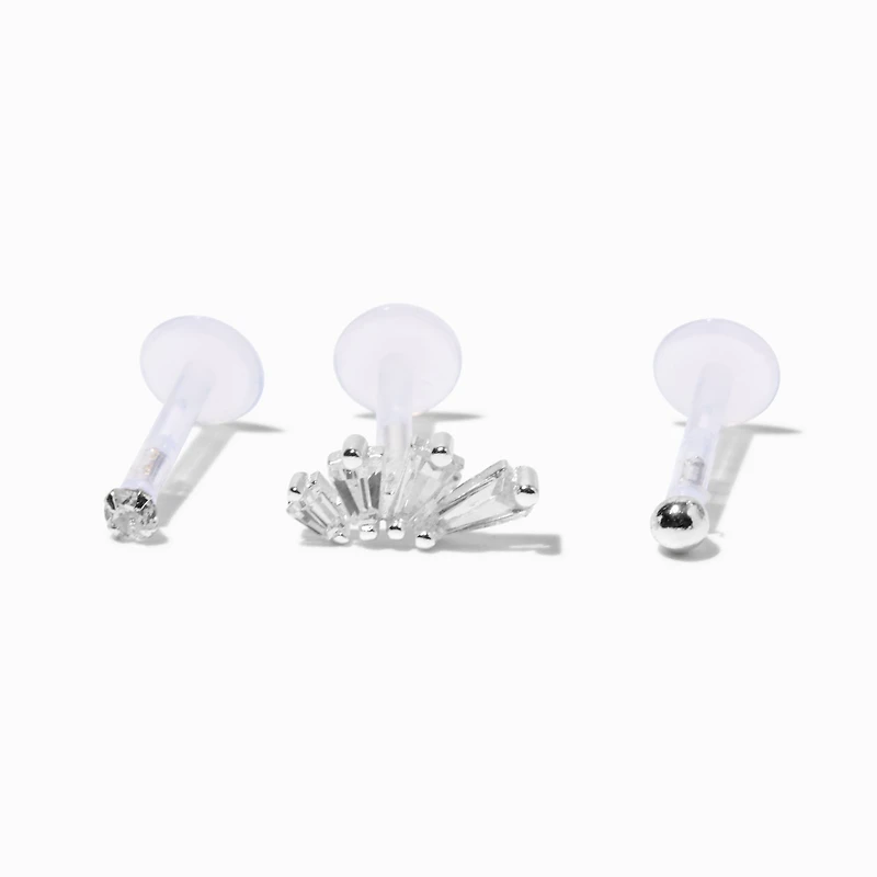 Sterling Silver Cubic Zirconia 16G Threadless Flat Back Crawler Cartilage Earrings - 3 Pack