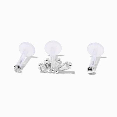 Sterling Silver Cubic Zirconia 16G Threadless Flat Back Crawler Cartilage Earrings - 3 Pack