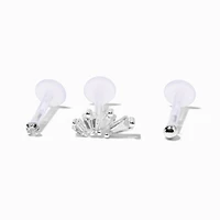 Sterling Silver Cubic Zirconia 16G Threadless Flat Back Crawler Cartilage Earrings - 3 Pack