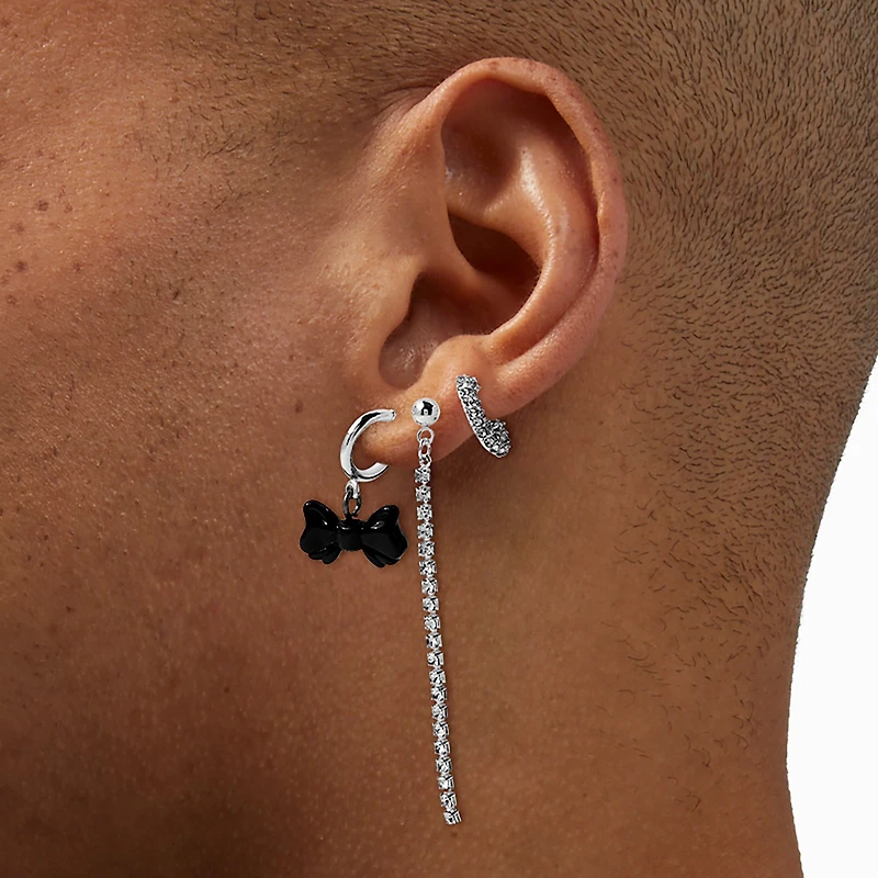 Silver-tone Black Bow Cup Chain Earring Stackables Set - 3 Pack