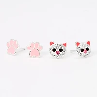 C LUXE by Claire's Sterling Silver Pink Crystal Cat & Paw Stud Earrings - 2 Pack