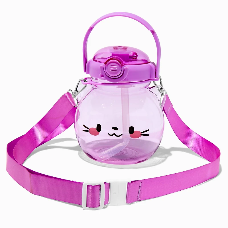 Purple Cat Head Crossbody Water Bottle