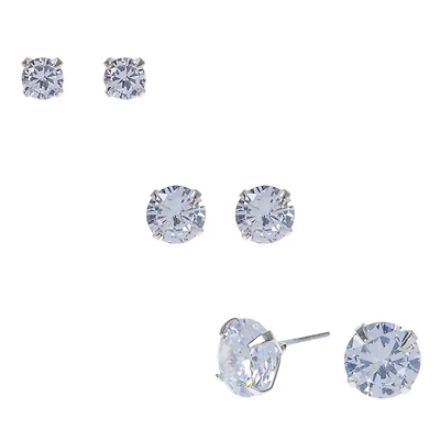 Silver-tone Cubic Zirconia 5mm, 7mm, & 9mm Round Stud Earrings - 3 Pack 