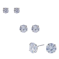 Silver-tone Cubic Zirconia 5mm, 7mm, & 9mm Round Stud Earrings - 3 Pack 