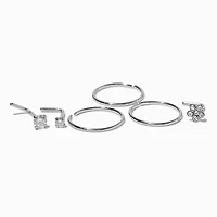 20G Silver-tone Stainless Steel Cubic Zirconia Daisy & Square Studs & Hoops - 6 Pack