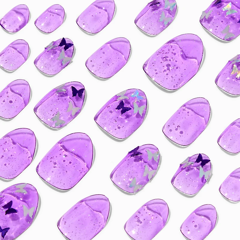 Purple Butterfly Glitter Stiletto Press On Vegan Faux Nail Set - 24 Pack