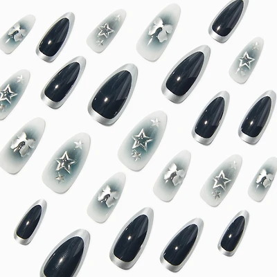 3D Chrome Star & Bow Long Almond Vegan Faux Nail Set - 24 Pack