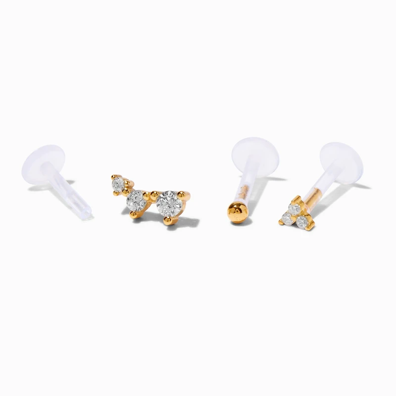 Gold-tone Sterling Silver Cubic Zirconia 16G Threadless Flat Back Marquise Cartilage Earrings - 3 Pack