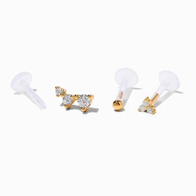 Gold-tone Sterling Silver Cubic Zirconia 16G Threadless Flat Back Marquise Cartilage Earrings - 3 Pack