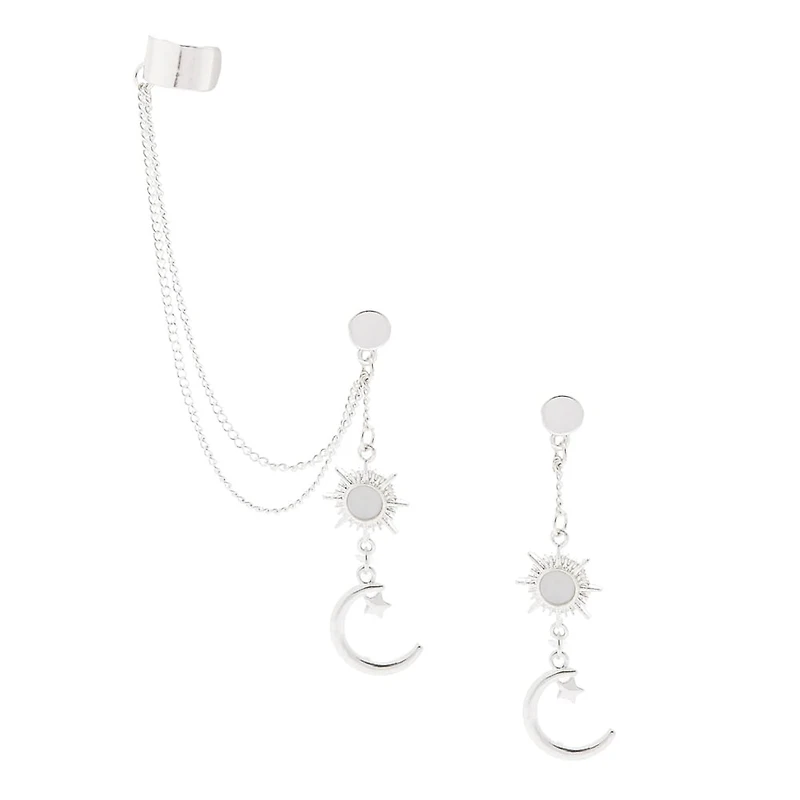 Silver-tone Celestial Moon Ear Cuff Connector Chain Earrings