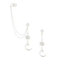 Silver-tone Celestial Moon Ear Cuff Connector Chain Earrings