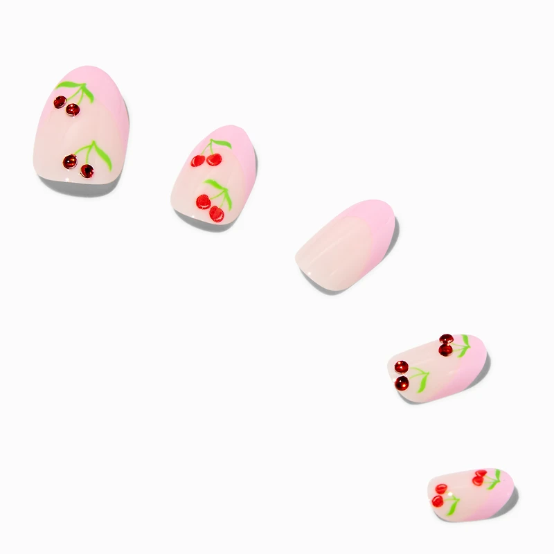 Pink French Tip Cherry Bling Stiletto Press On Faux Nail Set - 24 Pack