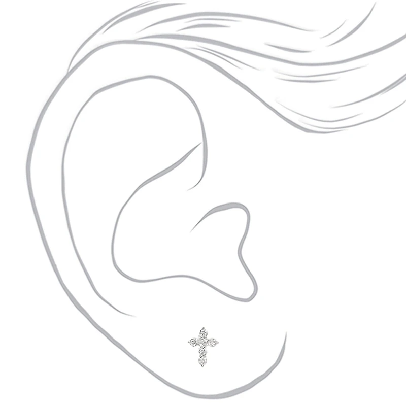 Silver-tone Cubic Zirconia Cross Stud Earrings