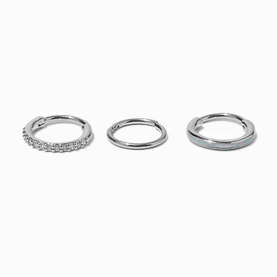 18G Silver-tone Stainless Steel Opalescent Clicker Nose Rings - 3 Pack