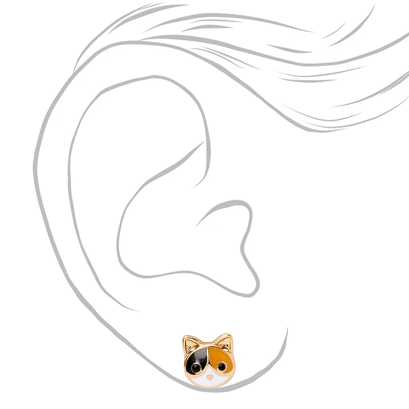Gold-tone Calico Cat Stud Earrings