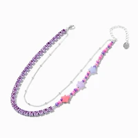 Purple Star Beaded Silver-tone Chain Multi-Strand Necklace